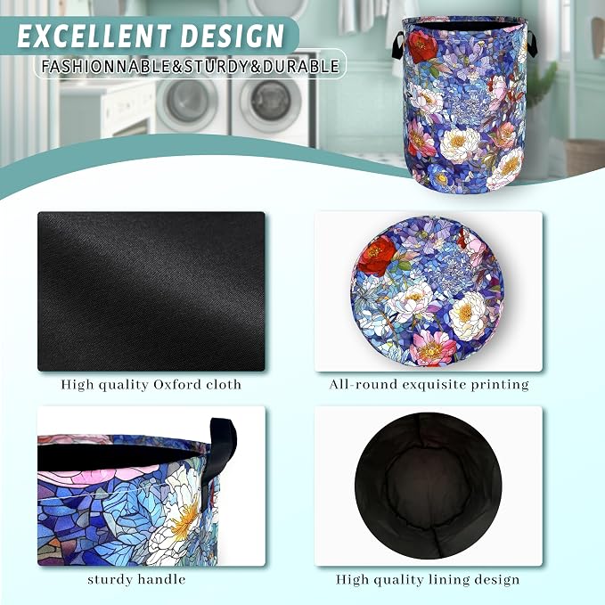 Blue Flowers Laundry Basket Glass Colorful Floral Foldable Funny Laundry Hamper - Image 4