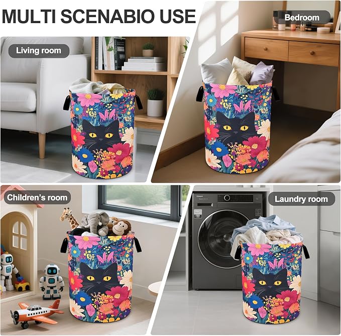 Black Cat Floral Laundry Basket Foldable Oxford Cloth Tote Bag Laundry Hamper - Image 5