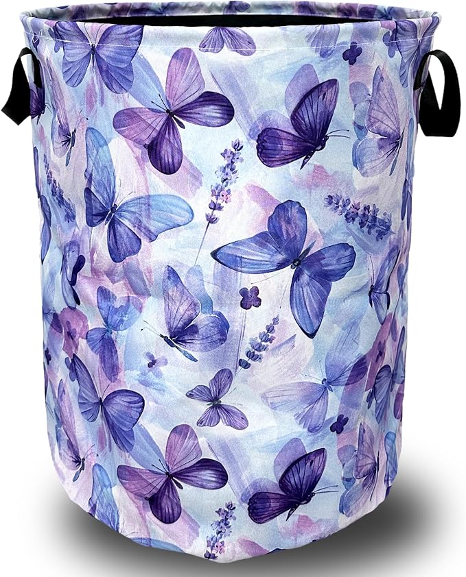 Blue Purple Butterfly Laundry Basket Foldable by SELIONLIKN