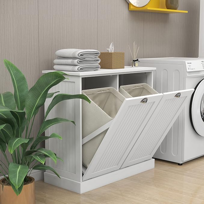 Tilt Out Laundry Hamper with Removable Basket, Hidden Laundry Hamper, Wood - Image 2