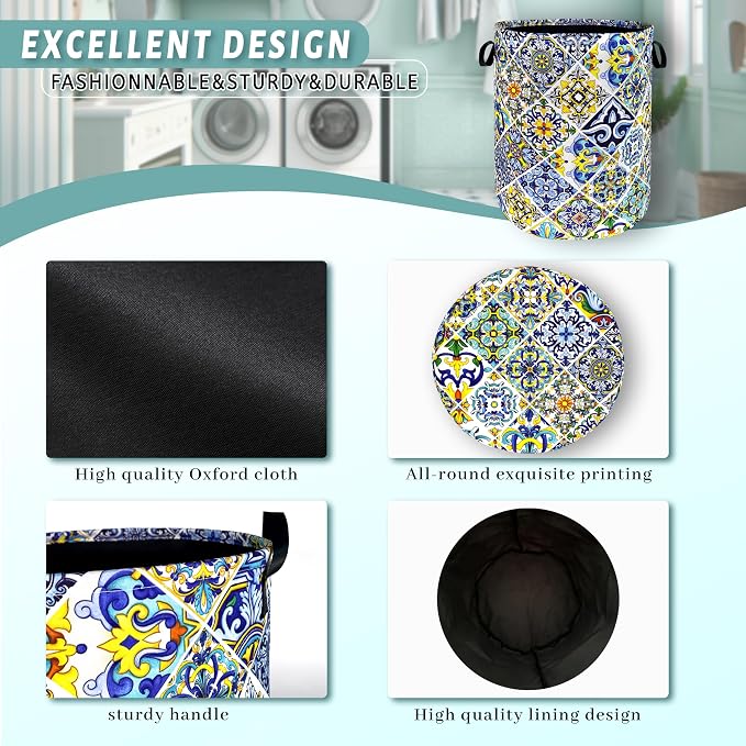 Mexican Tiles Laundry Basket Blue Green Boho Print Funny Laundry Hamper - Image 4