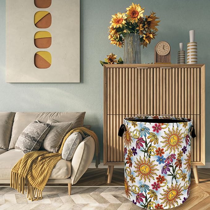 Colorful Hippie Peace Flowers Laundry Basket Foldable - Image 7