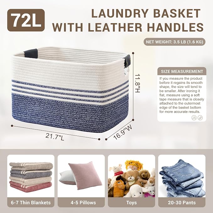 72L Large Laundry Basket with Leather Handles - Image 2