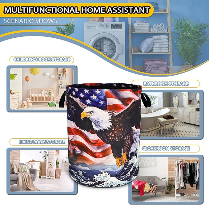 American Flag Eagle Wave Laundry Basket Foldable Oxford Cloth Funny Tote Bag - Image 6