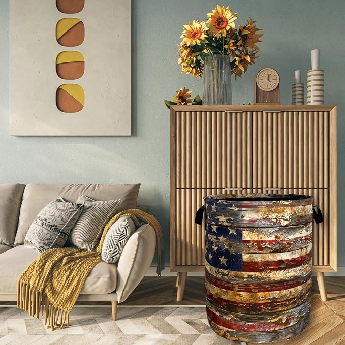 Vintage American Flag Laundry Basket Patriotic Funny Laundry Hamper Foldable - Image 7