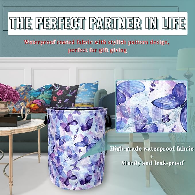 Blue Purple Butterfly Laundry Basket Foldable - Image 6