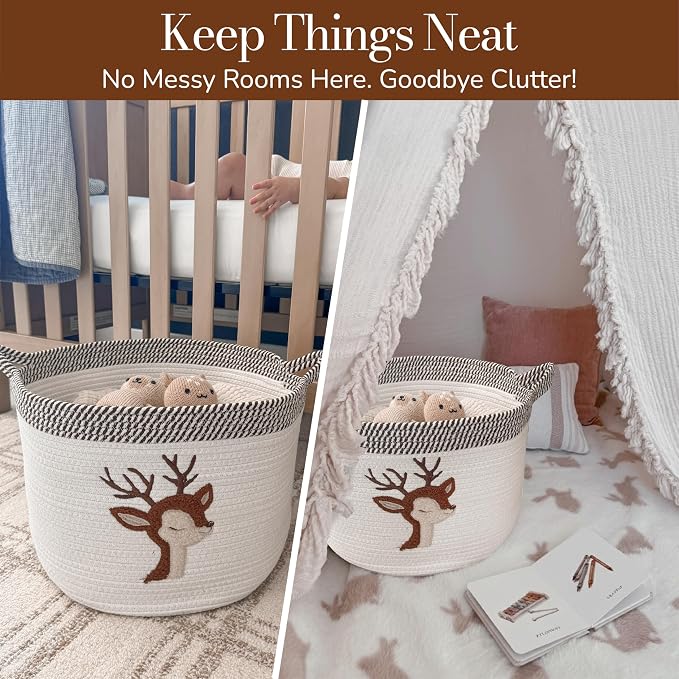 Deer Storage Basket for Nursery – Large 15”x11” Cotton Rope Bin - Image 5
