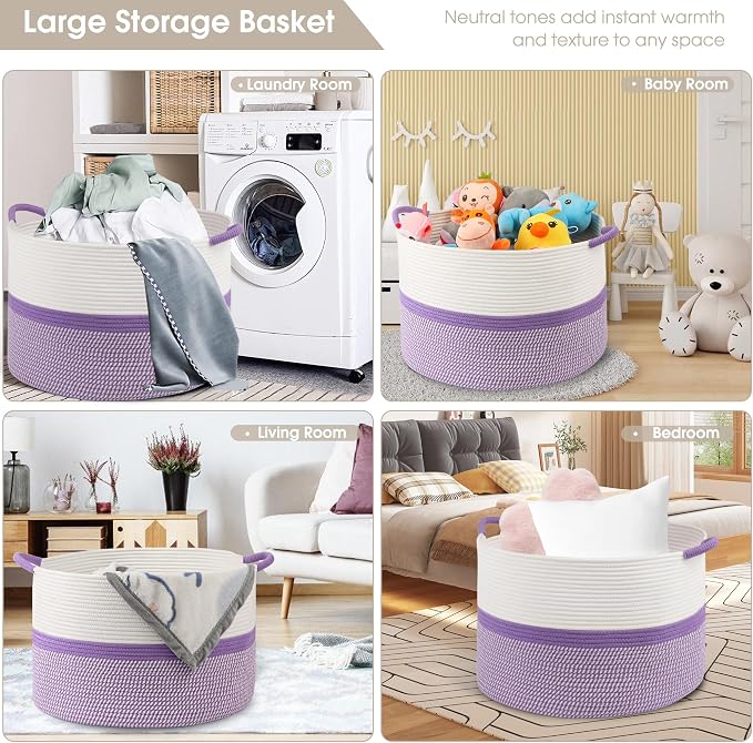 Large Cotton Rope Storage Basket, Blanket Organization - Image 4