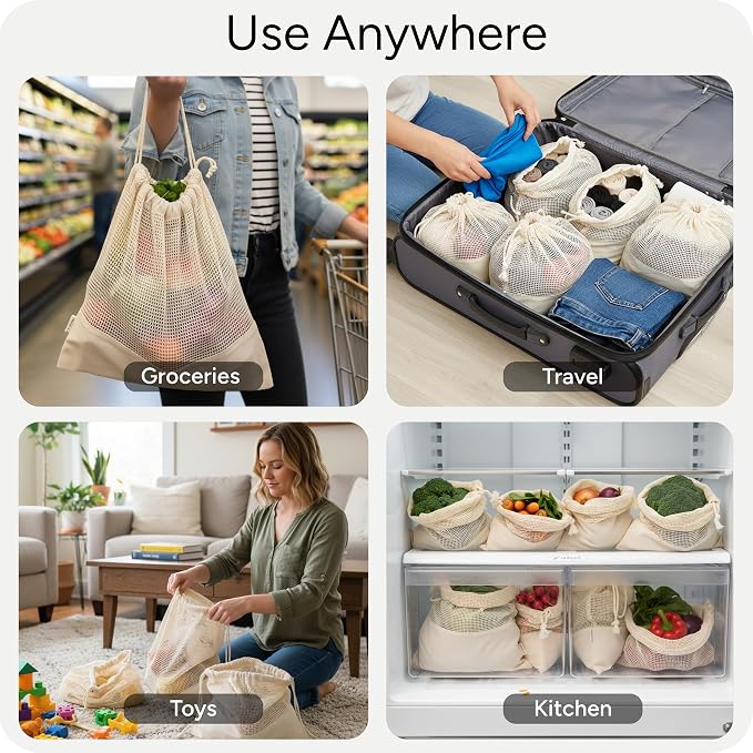 LEAFICO Reusable Produce Bags – 100% Cotton Mesh & Solid Hybrid – Reusable - Image 5