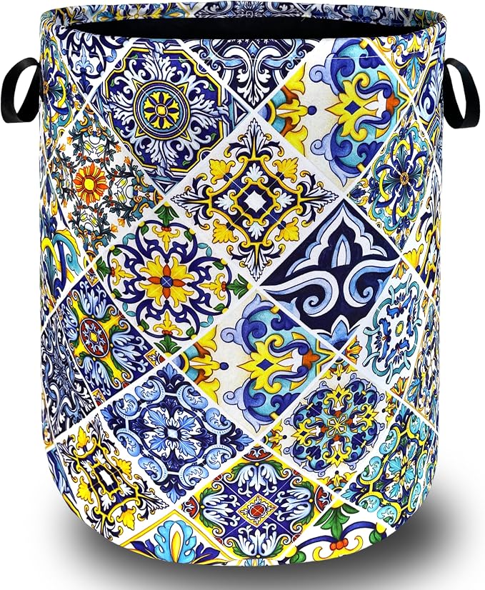 Mexican Tiles Laundry Basket Blue Green Boho Print Funny Laundry Hamper by SELIONLIKN