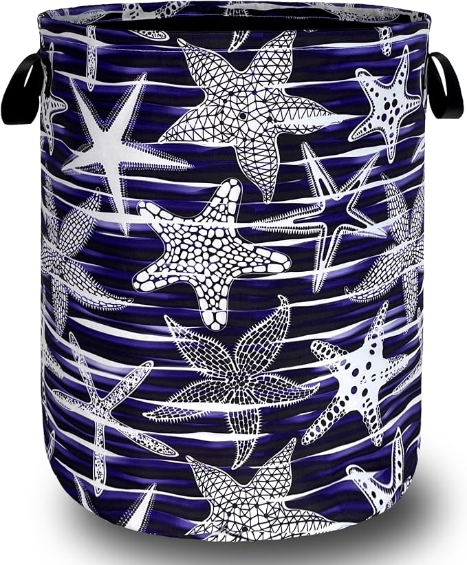 Blue Starfish Printed Laundry Basket Sea Beach Theme Funny Laundry Hamper by SELIONLIKN