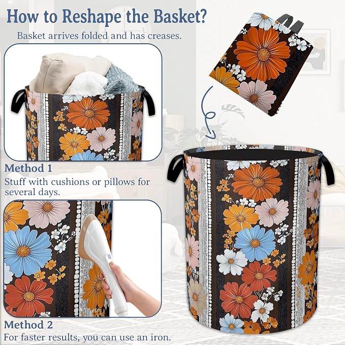 Boho Flowers Laundry Basket, Oxford Cloth Vintage Laundry Hamper - Image 6