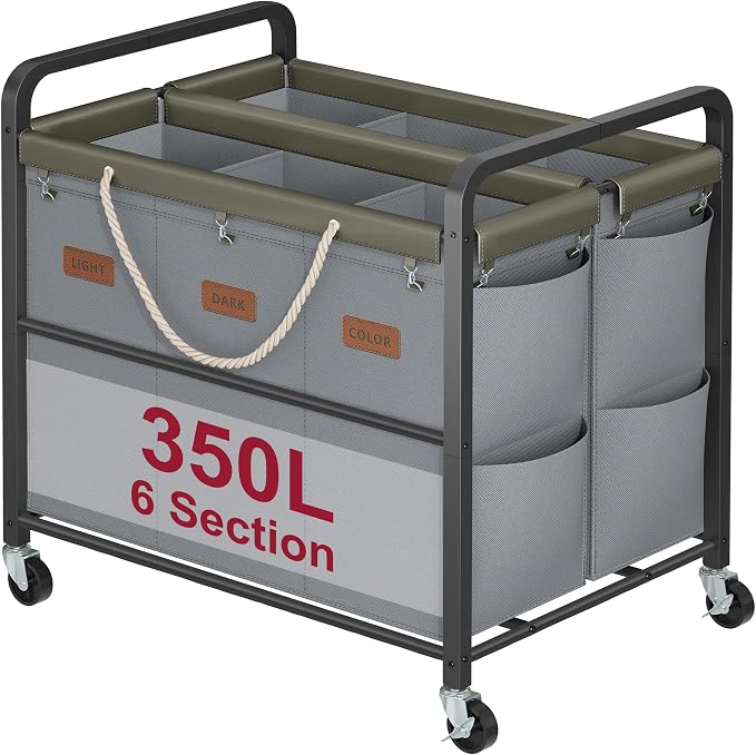 Tajsoon 350L Extra Large Laundry Cart 6 Section, Heavy Duty Laundry Sorter by Tajsoon