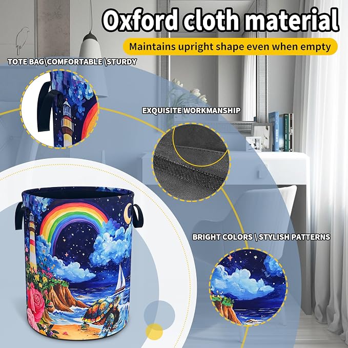Beach Sea Turtle Laundry Basket Rainbow Lighthouse Foldable Waterproof Oxford - Image 3