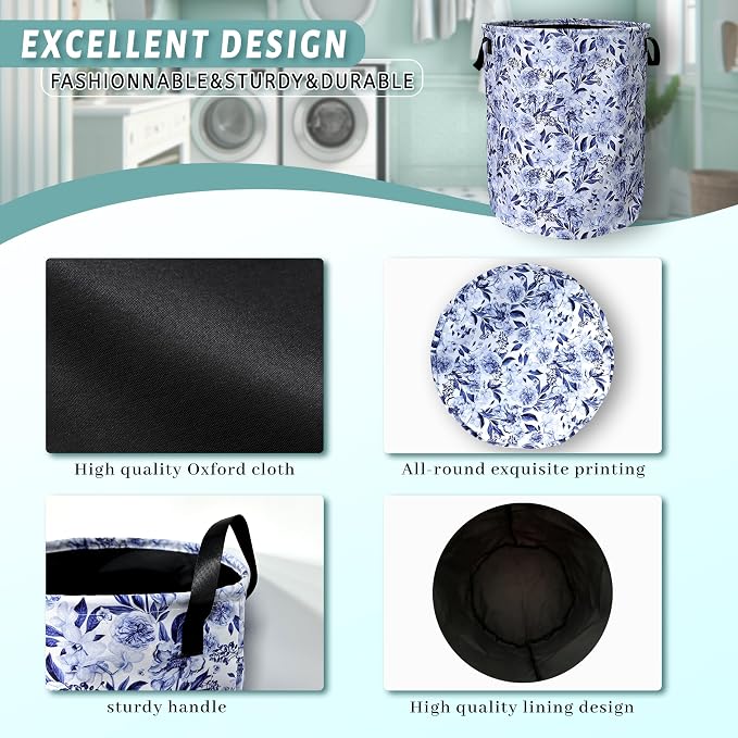 Blue Flower Floral Laundry Basket Foldable - Image 4