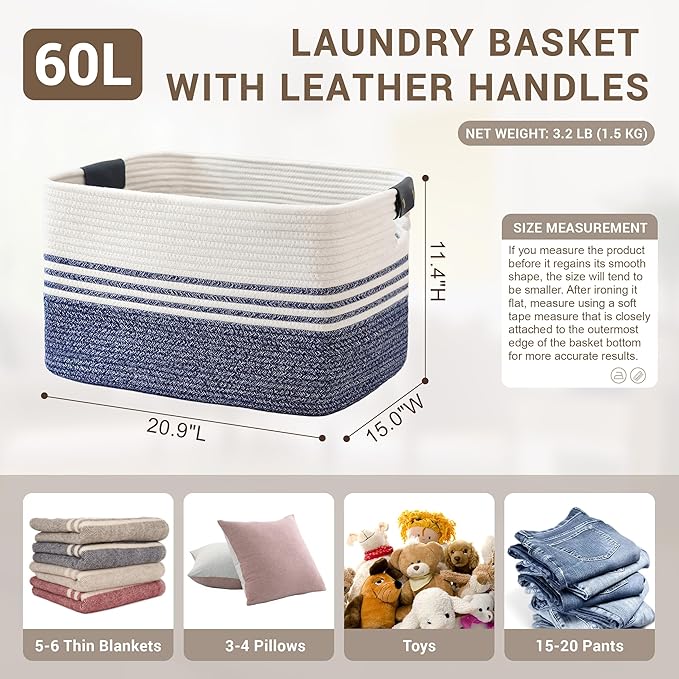 60L Large Laundry Basket with Leather Handles - Image 2