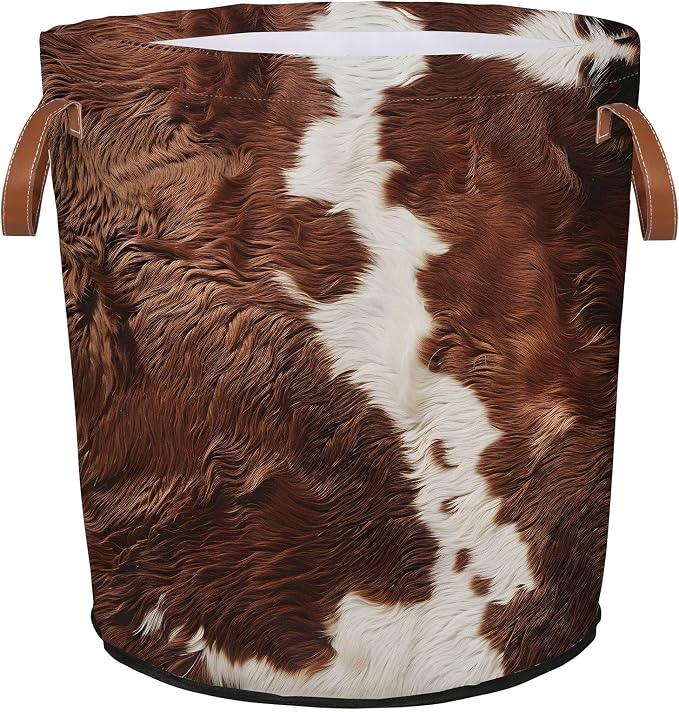 Cow Print Brown Laundry Hamper Waterproof Collapsible Basket by Mozaigos