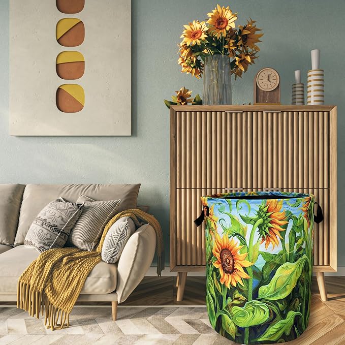 Watercolor Sunflowers Laundry Basket Foldable - Image 4