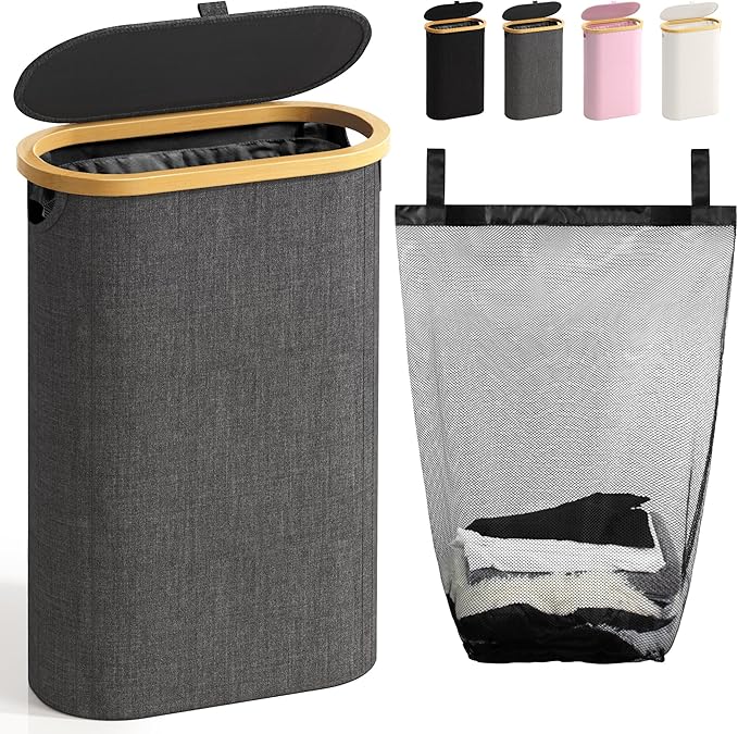 Slim Laundry Hamper with Lid, 60L Small Laundry Basket with Handles&Removable by Bathola