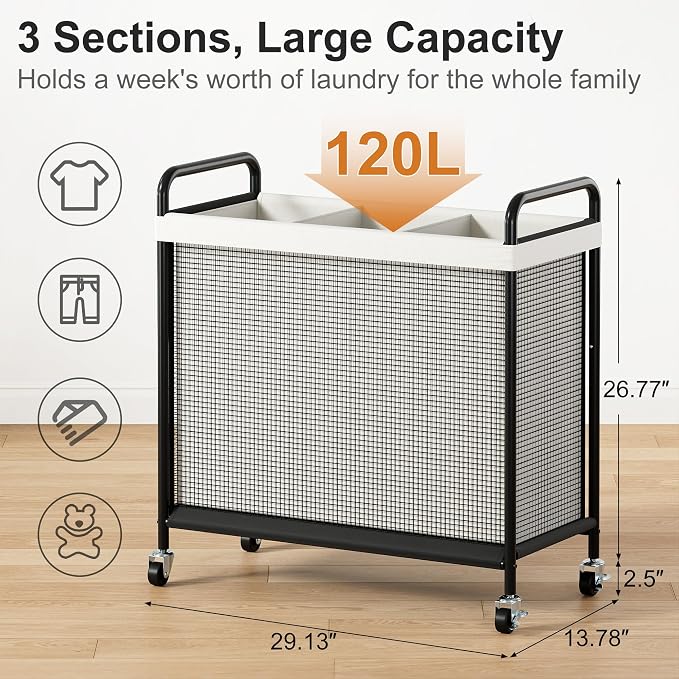 WOWLIVE Laundry Hamper 3 Section, 120L Rolling Laundry Basket - Image 2
