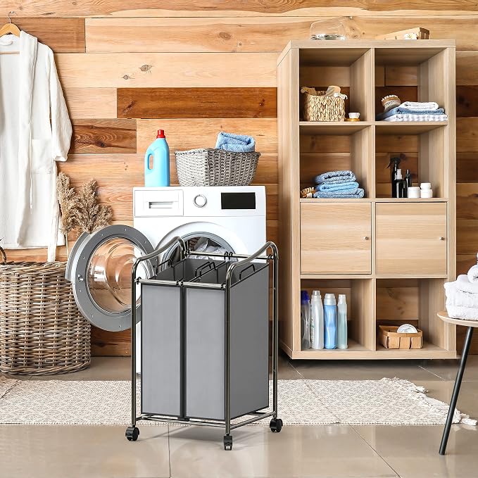 Simple Houseware 2-Bag Heavy Duty Rolling Laundry Sorter Cart, Dark Gray – 2 - Image 4