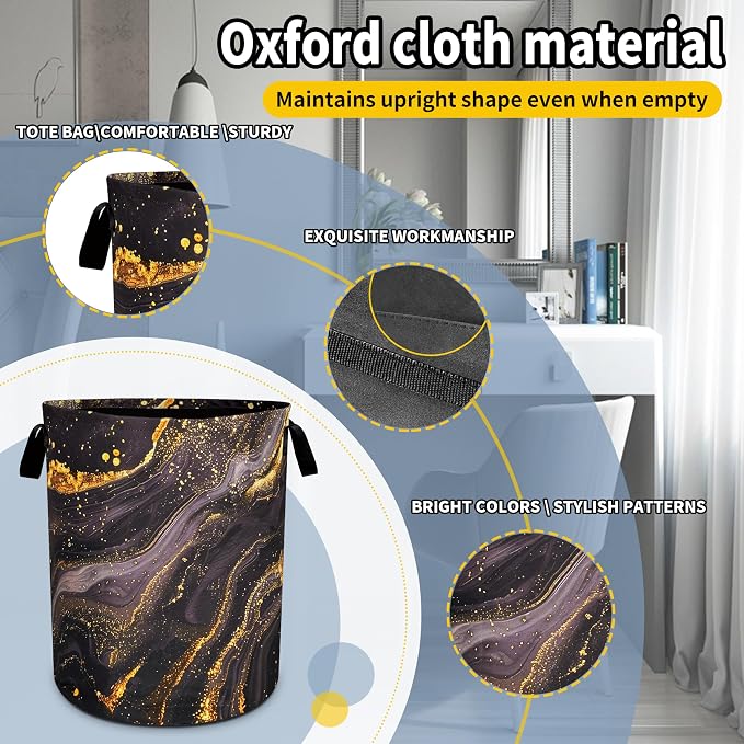 Black Gold Marble Laundry Basket Beautiful Pattern Foldable Oxford Cloth Funny - Image 3