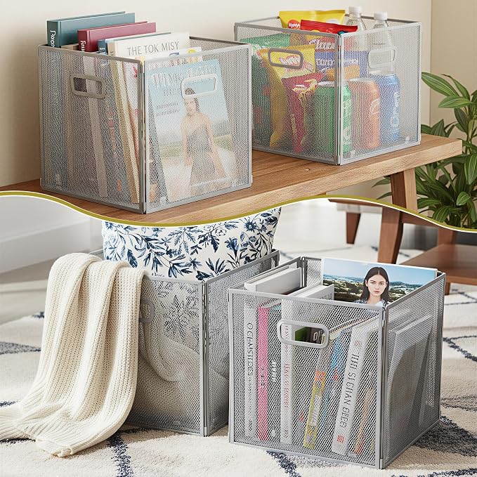 2 Pcs Easter Foldable Metal Cube Storage Baskets 13" x 13" Gray Kitchen Wire - Image 7