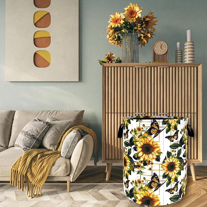 Yellow Sunflower Butterfly Laundry Basket Flowers Foldable Funny Laundry Hamper - Image 7