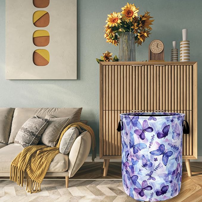 Blue Purple Butterfly Laundry Basket Foldable - Image 4