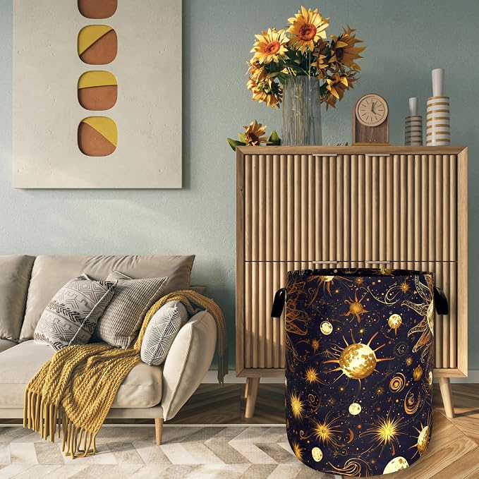 Golden Sun Pattern Laundry Basket Galaxy Funny Laundry Hamper Foldable Oxford - Image 7