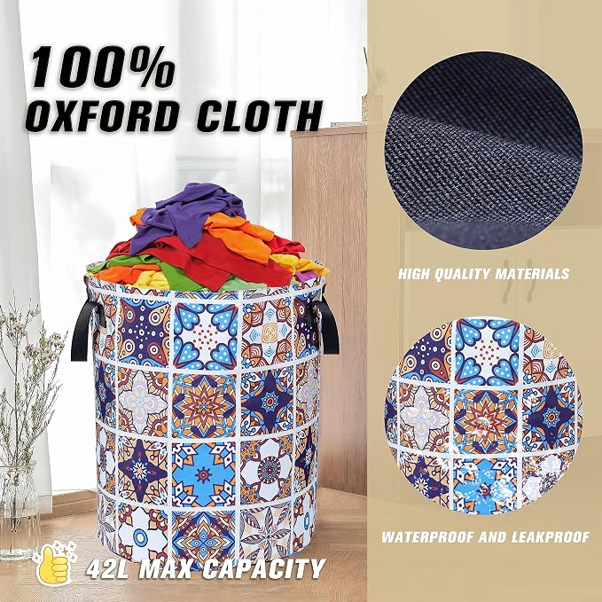 Mexican Tiles Pattern Laundry Basket Mandala Flowers Foldable Oxford Cloth - Image 7