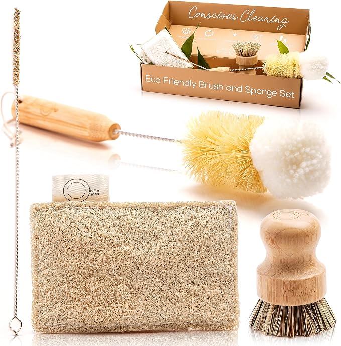 Bamboo Dish Brush Set – Eco Kitchen Cleaning Kit | Bottle Brush, Straw Brush by Linea+Gear